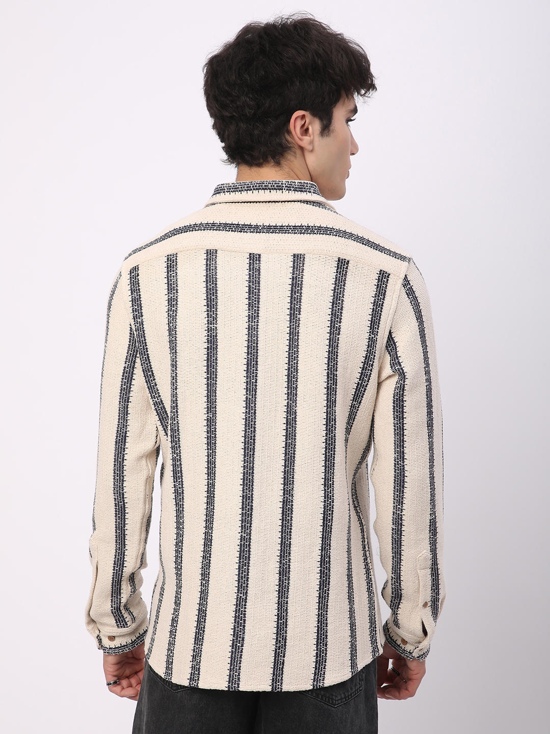 Premium Cotton Ivory & Navy Vertical Striped Crochet Shirt