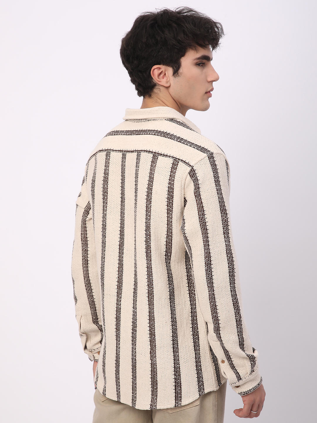 Premium Cotton Ivory & Brown Vertical Striped Crochet Shirt