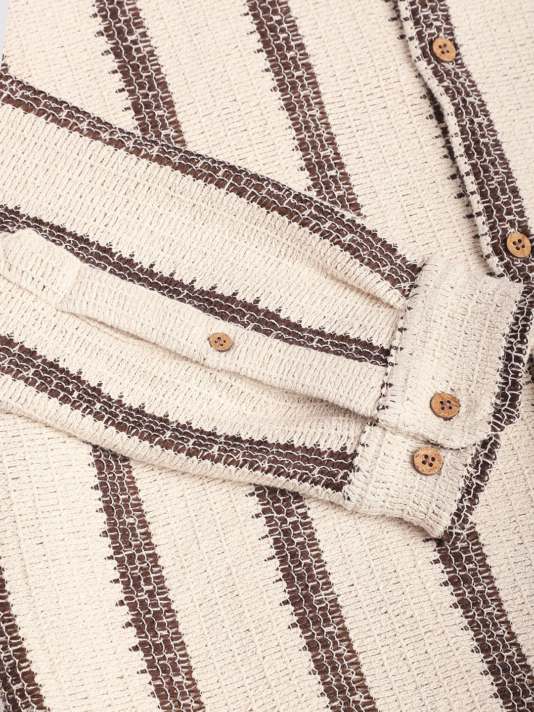 Premium Cotton Ivory & Brown Vertical Striped Crochet Shirt