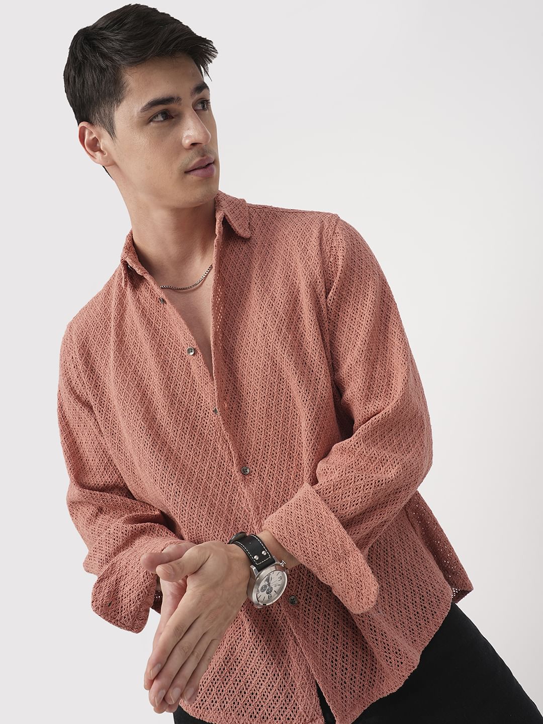 Classic Coral Crochet Cropped Shirt