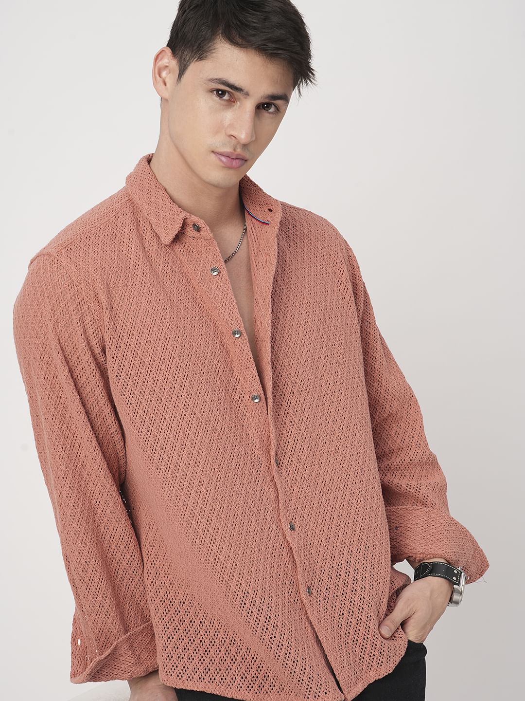 Classic Coral Crochet Cropped Shirt
