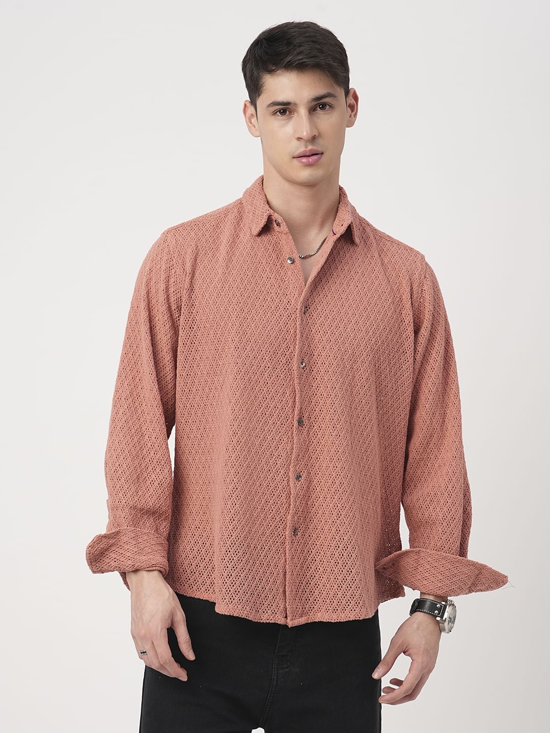 Classic Coral Crochet Cropped Shirt