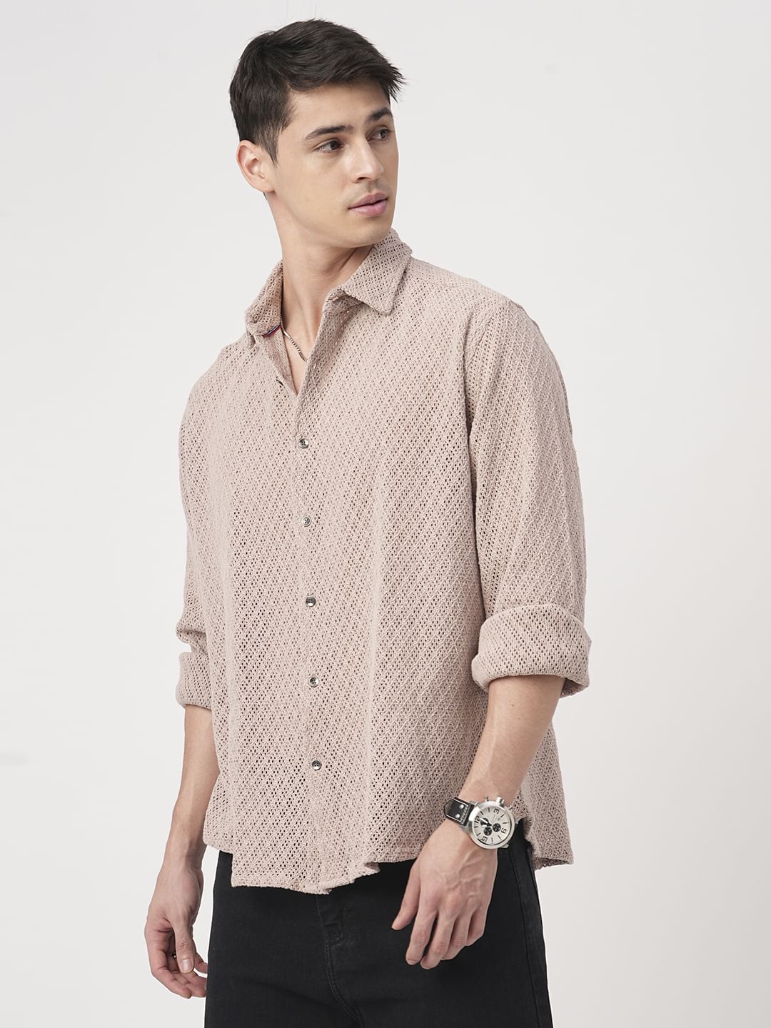 Almond Beige Crochet Cropped Shirt