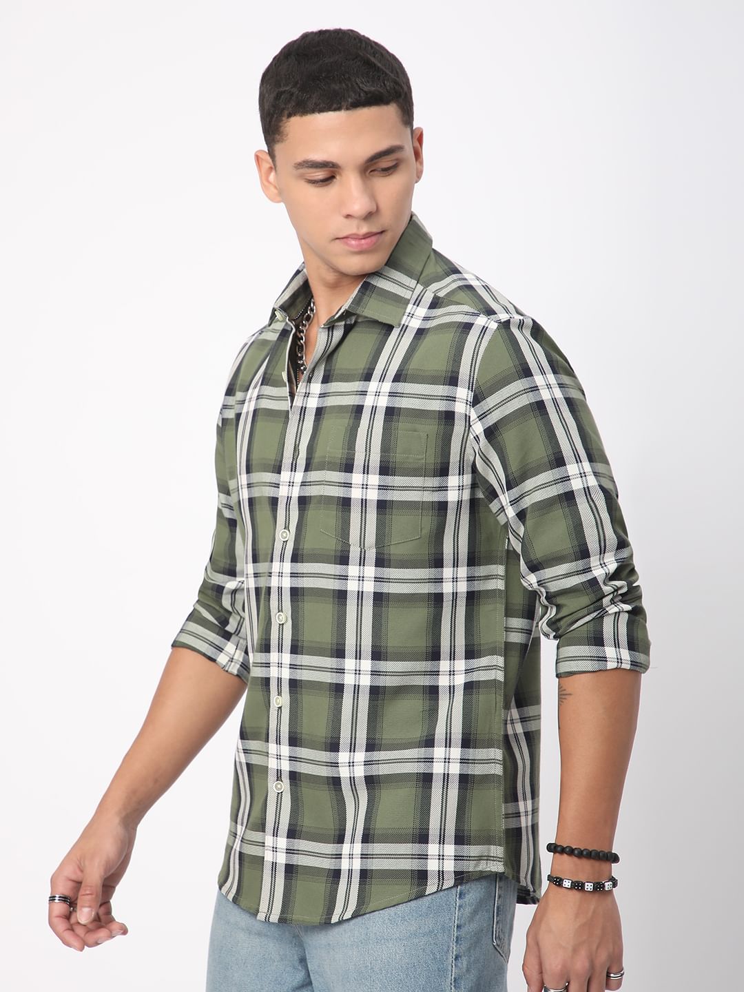 Premium Cotton Timeless Broad Square Olive Checks Shirt