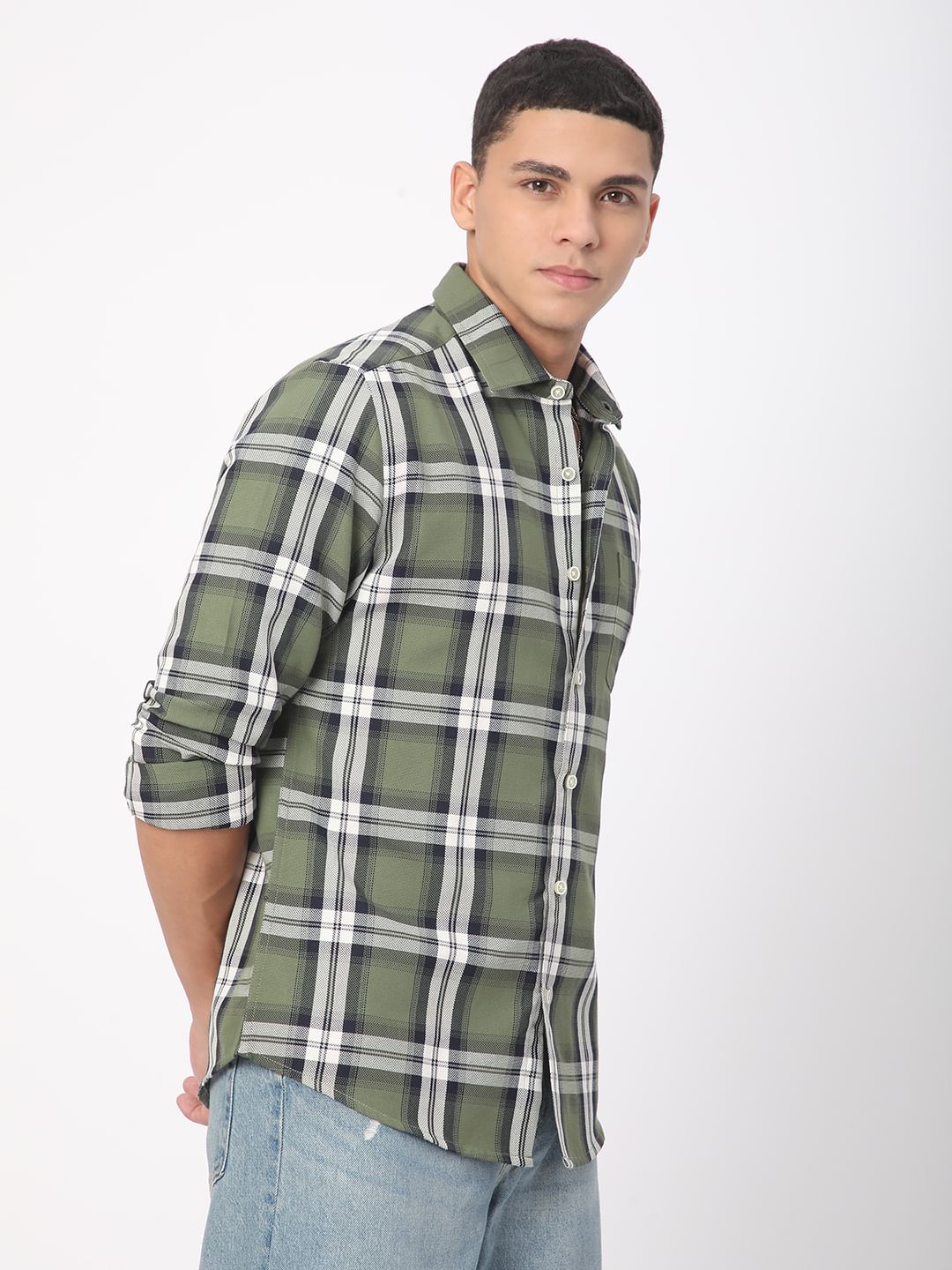 Premium Cotton Timeless Broad Square Olive Checks Shirt