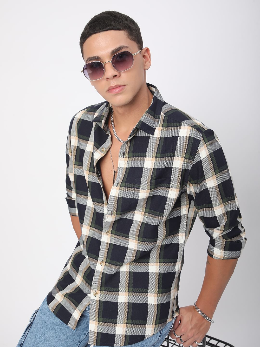 Premium Cotton Opulent Tartanique Navy Checkered Shirt