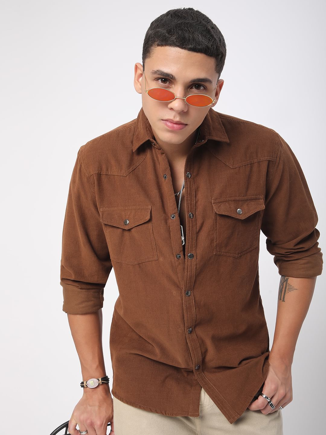 Caramel Brown Double Flap Pocket Corduroy Overshirt