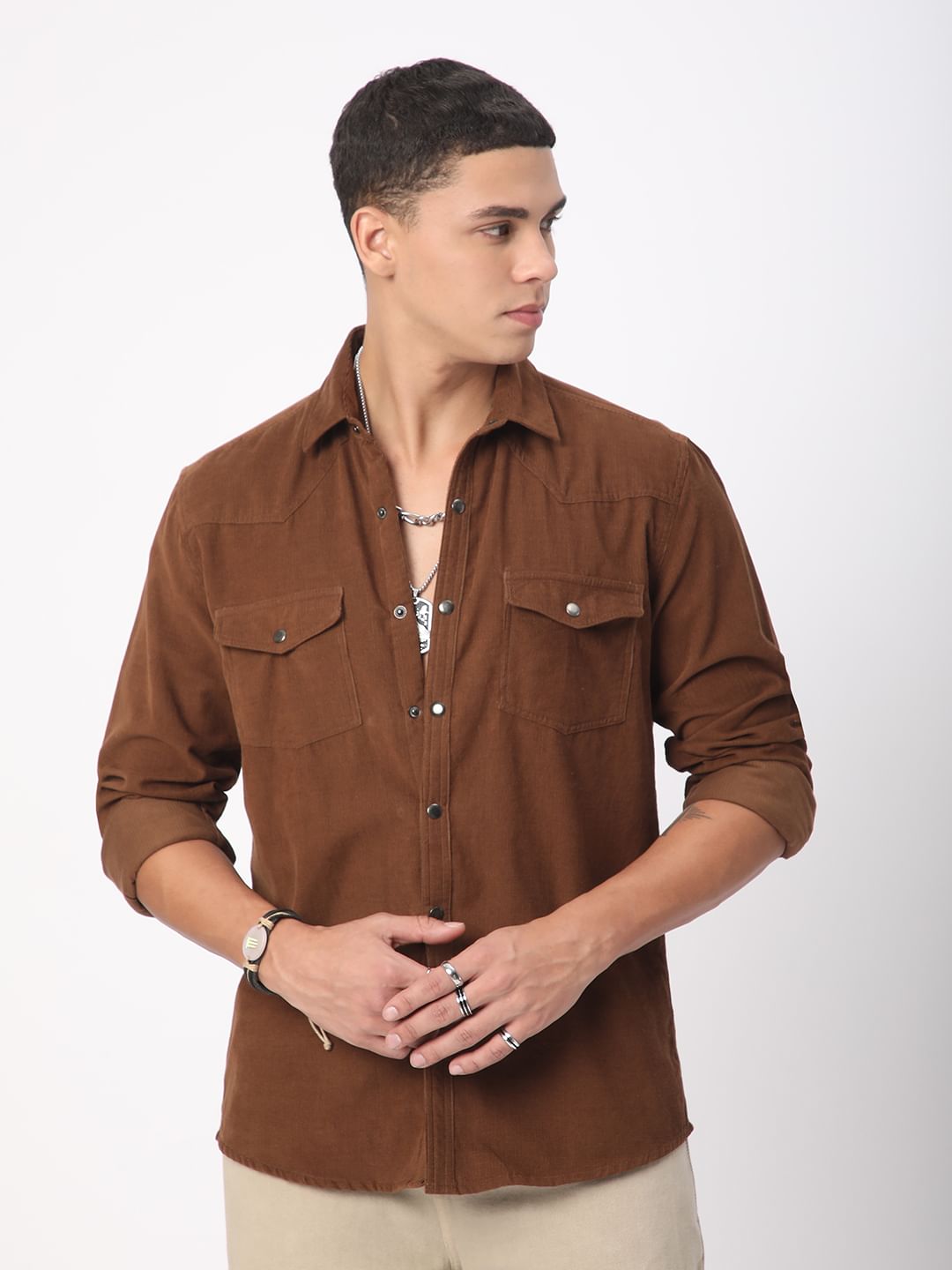 Caramel Brown Double Flap Pocket Corduroy Overshirt