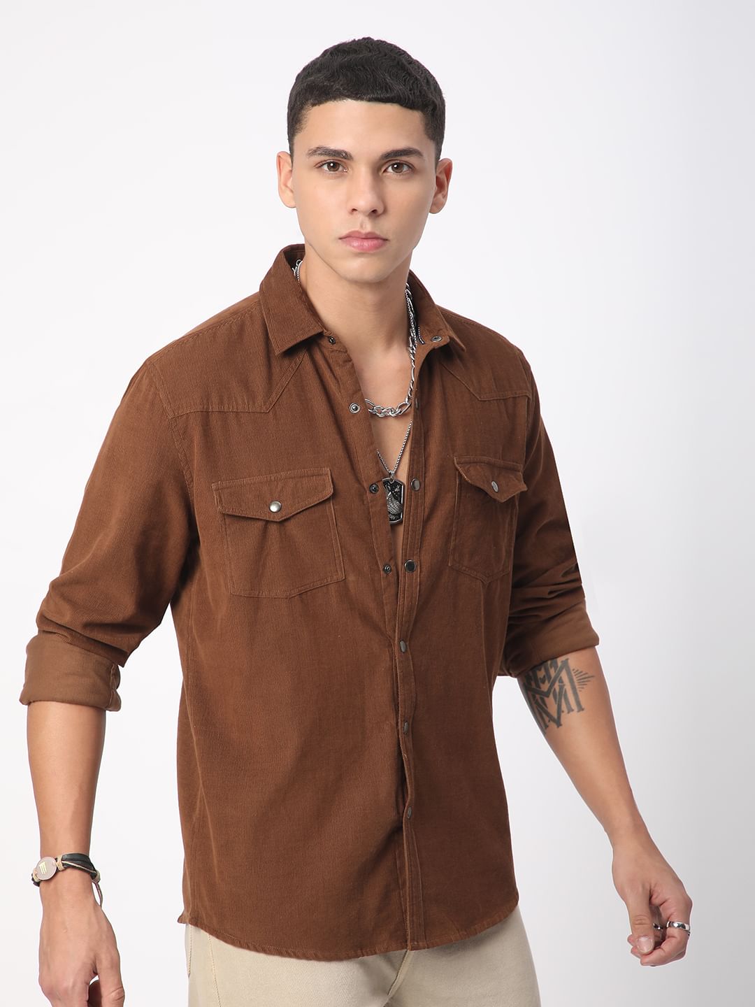 Caramel Brown Double Flap Pocket Corduroy Overshirt