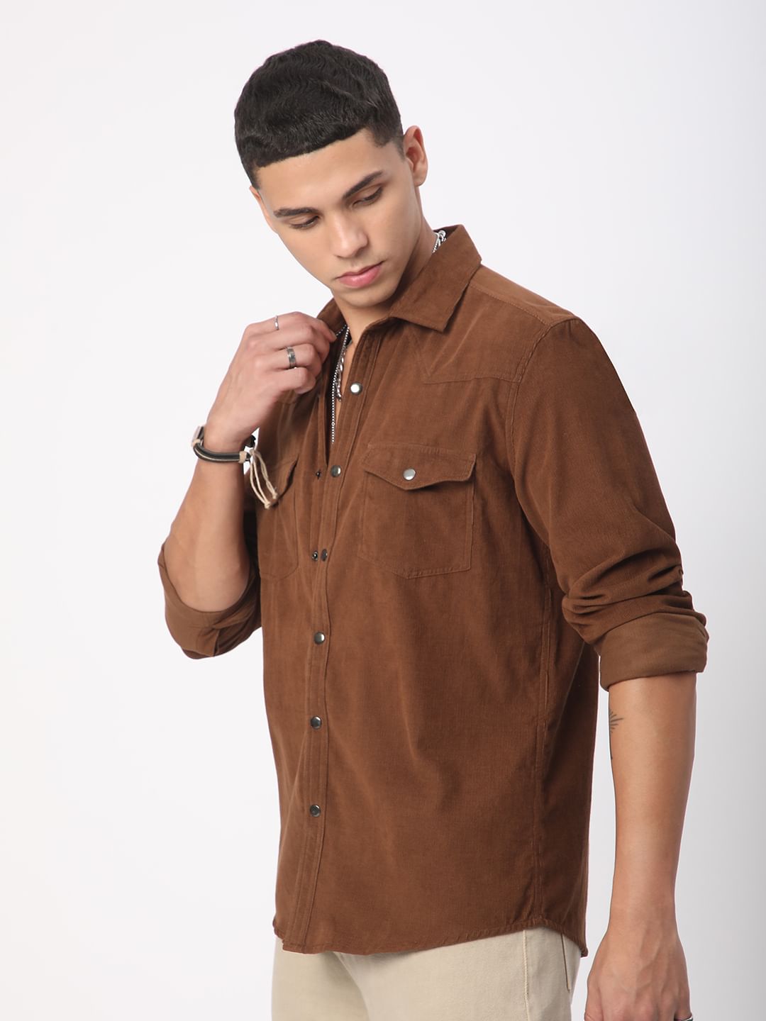 Caramel Brown Double Flap Pocket Corduroy Overshirt