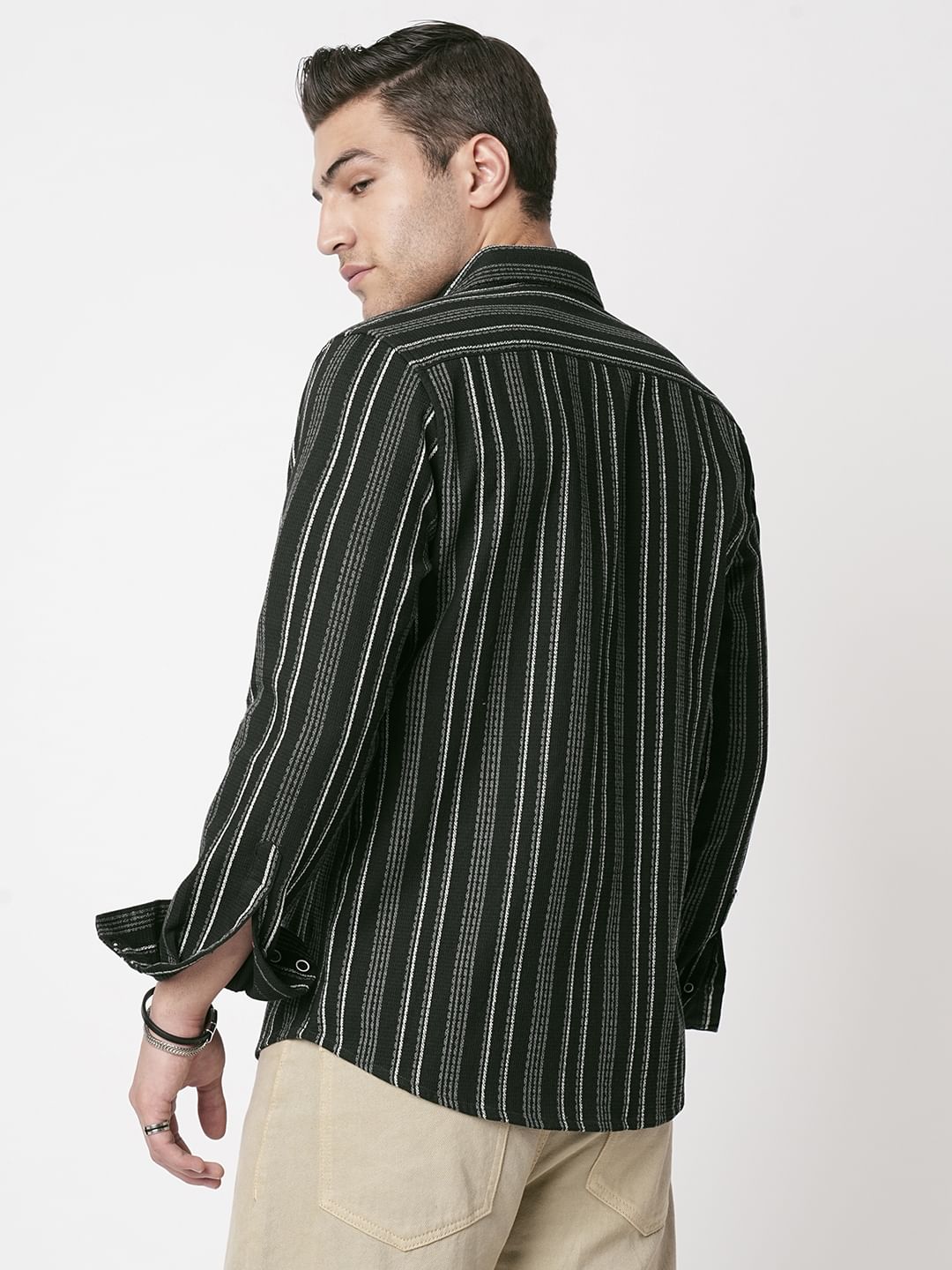 Premium Cotton Olive Pencil Striped Waffle Shirt