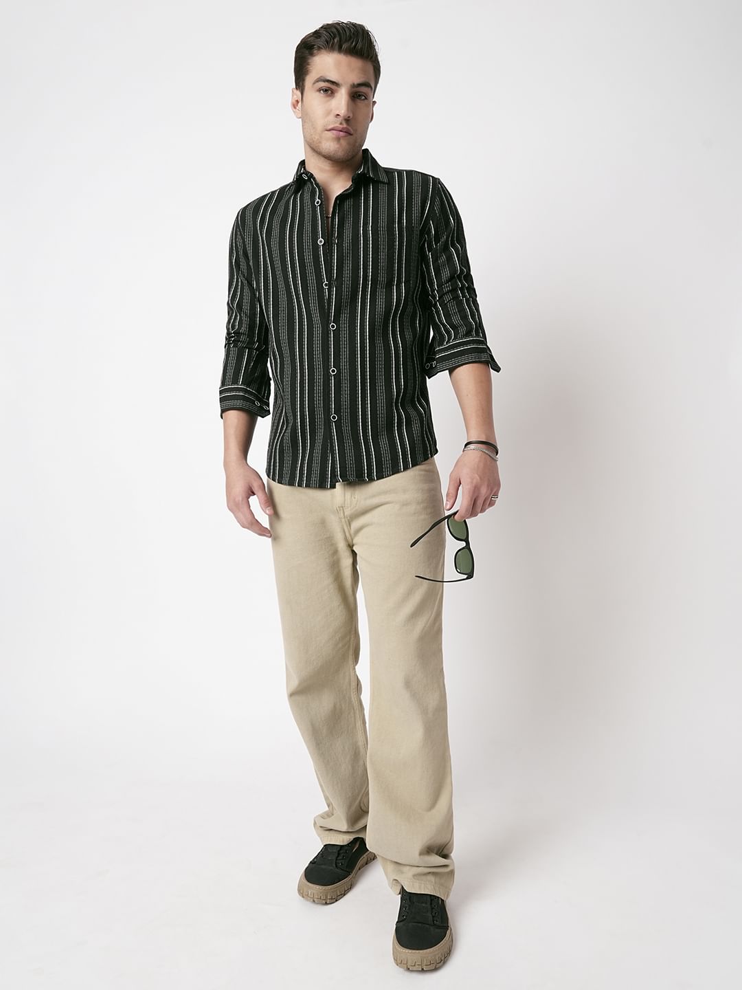 Premium Cotton Olive Pencil Striped Waffle Shirt