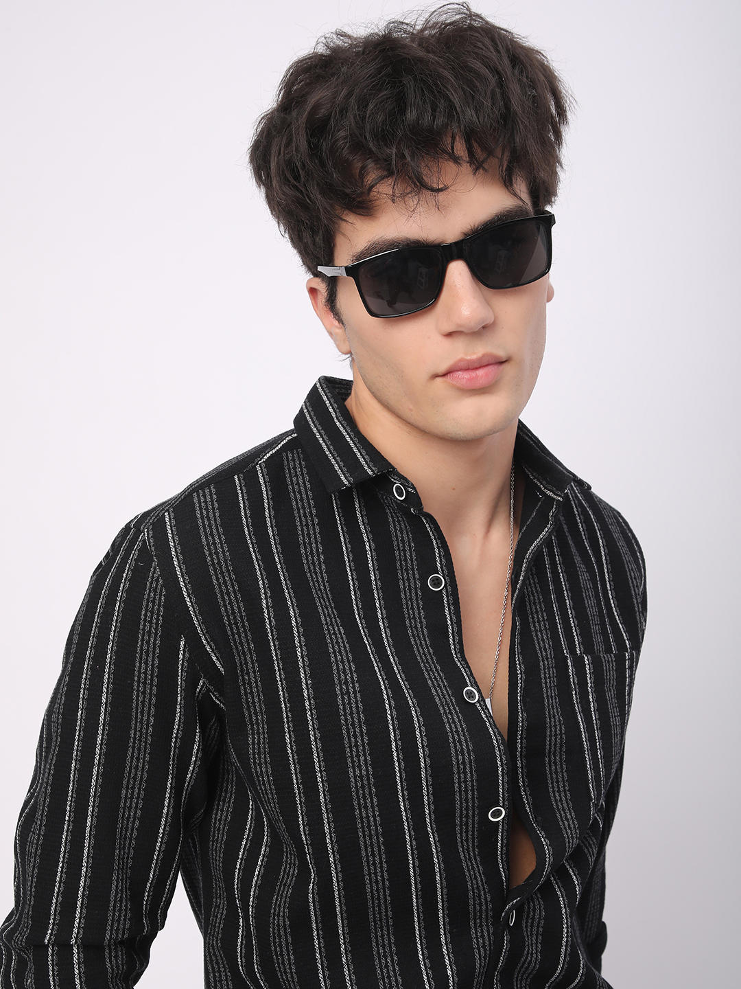 Premium Cotton Black Pencil Striped Waffle Shirt