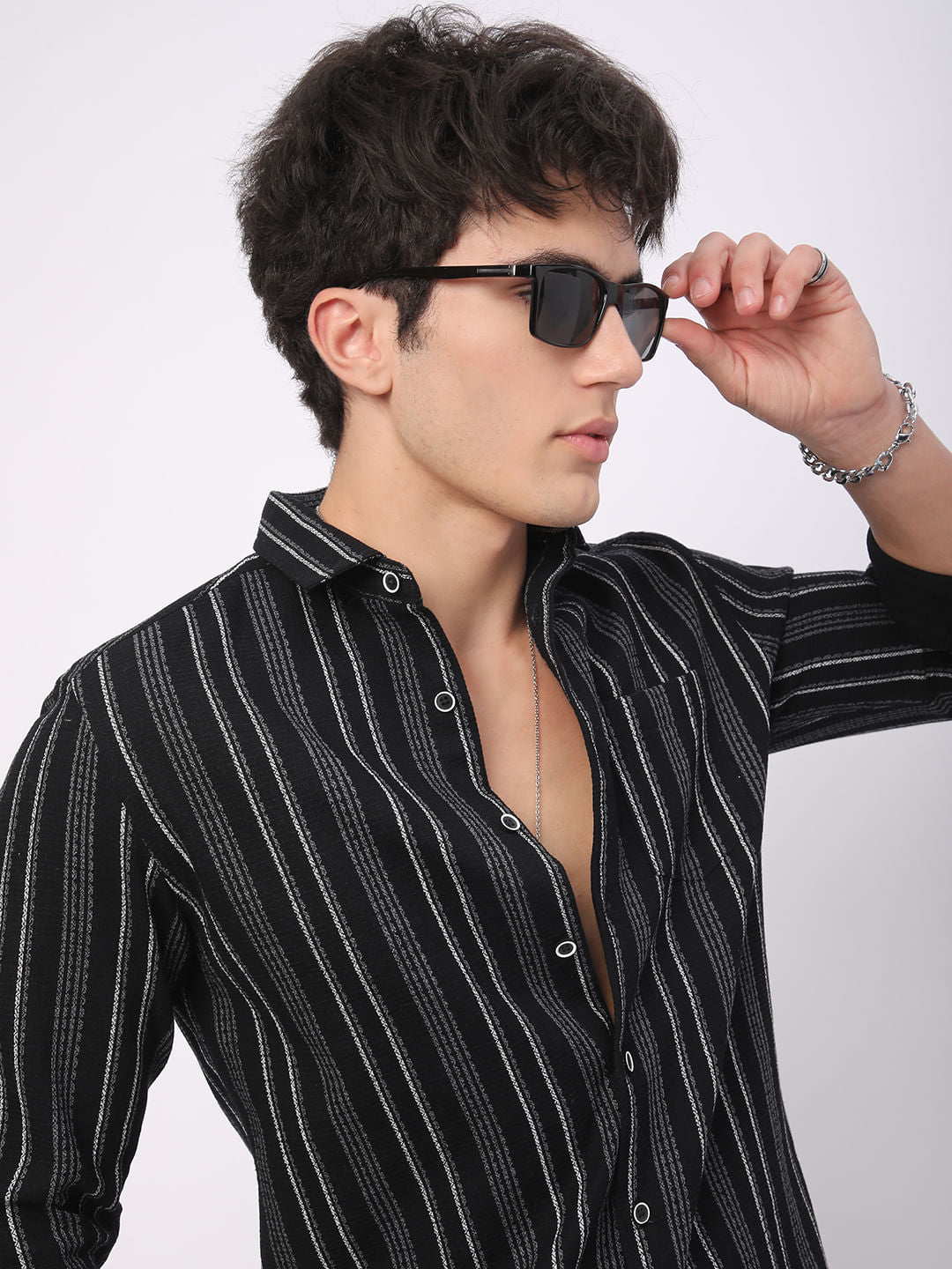 Premium Cotton Black Pencil Striped Waffle Shirt