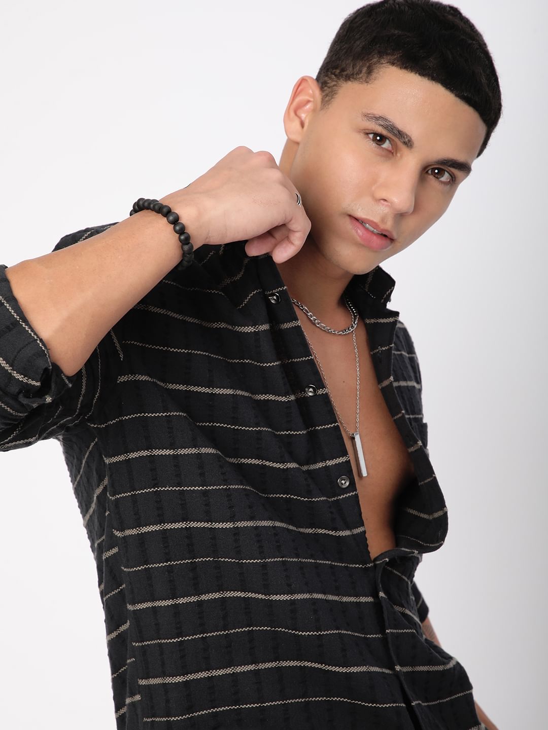 Black Horizontal Striped Seersucker Shirt