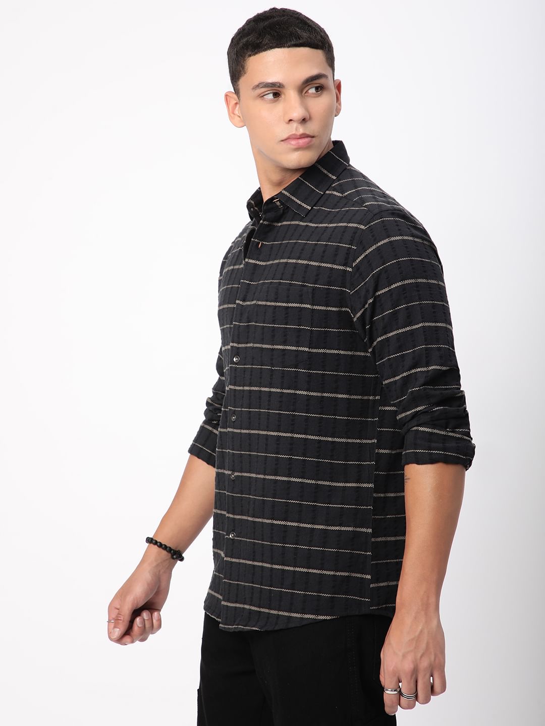 Black Horizontal Striped Seersucker Shirt