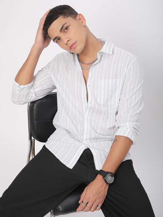 Voguish White Vertical Line Stripe Seersucker Shirt