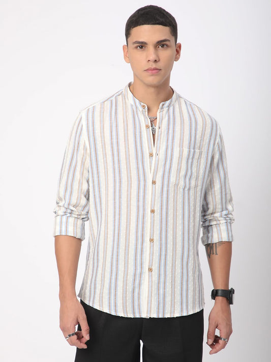 Dobby White Striped Mandarin Shirt