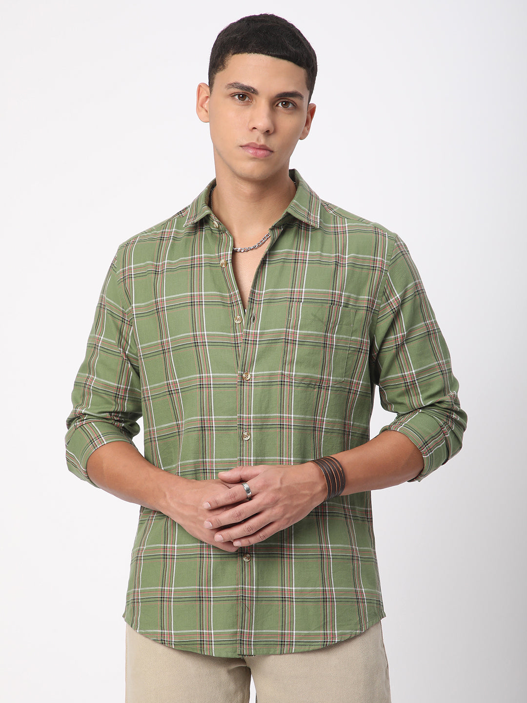 Premium Cotton Basil Green Tartan Checked Shirt