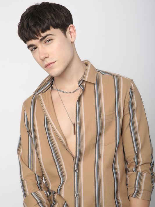 Alluring British Tan Striped Shirt