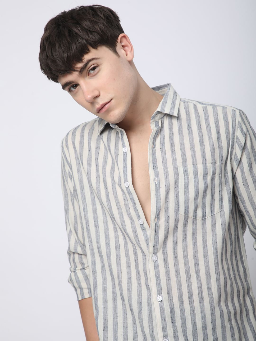 Faded Navy & Off-White Candy Striped Linen Shirt
