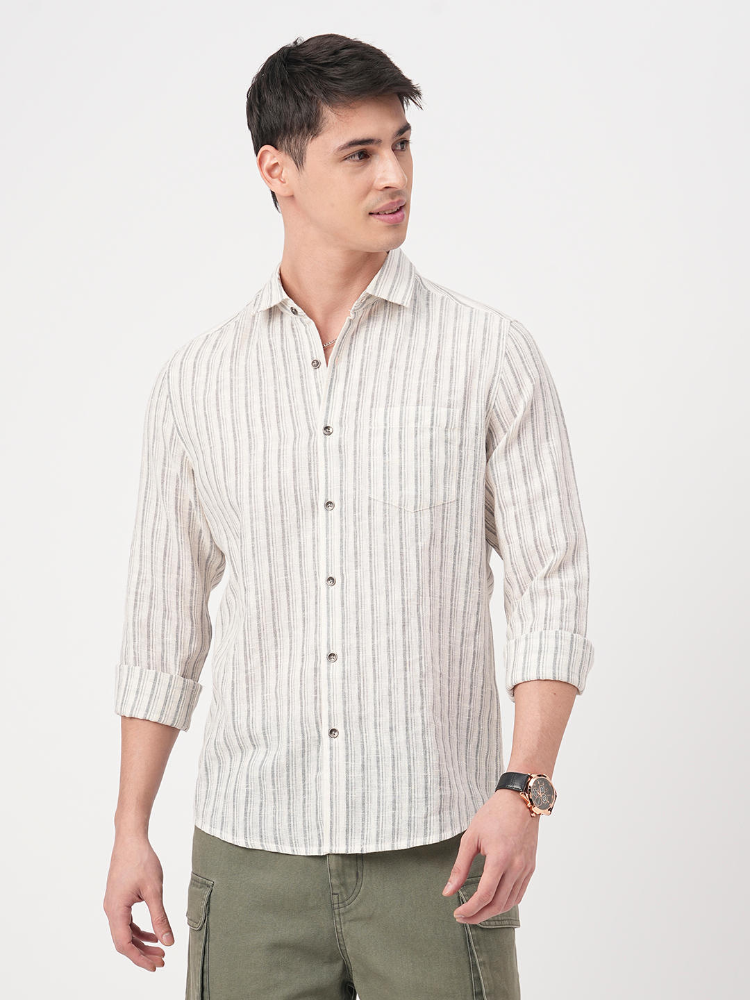 Off-White & Grey Vertical Striped Burlap Shirt