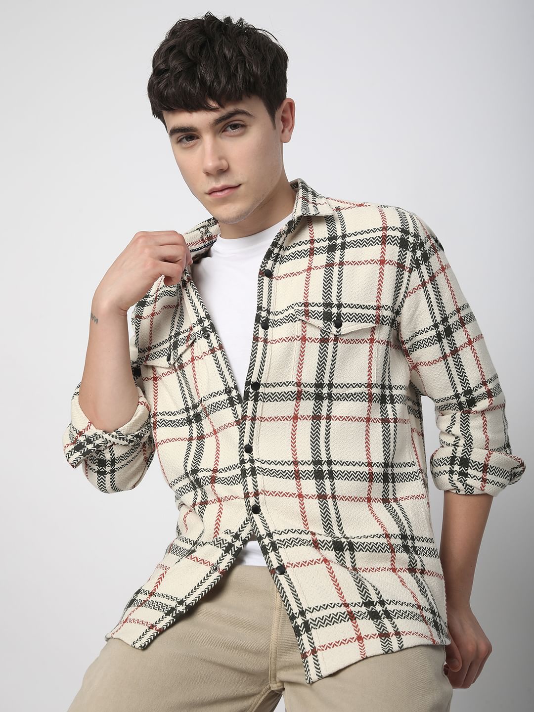 Cream Tweed Checks Double Flap Pocket Shirt