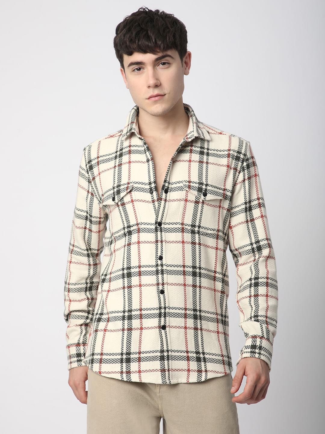 Cream Tweed Checks Double Flap Pocket Shirt