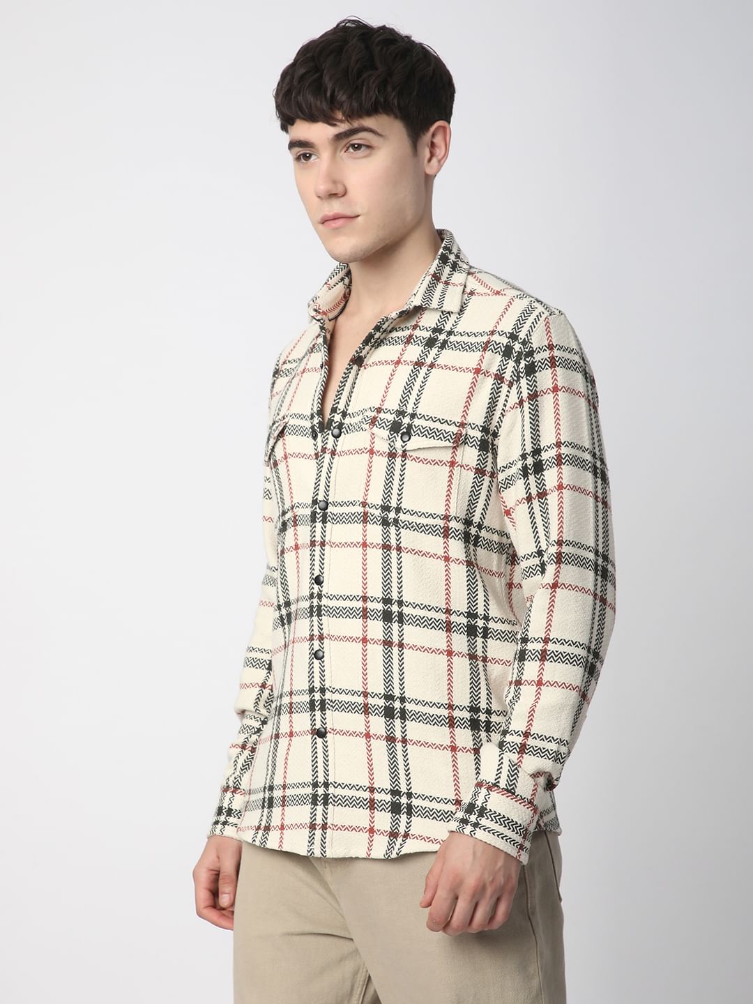 Cream Tweed Checks Double Flap Pocket Shirt