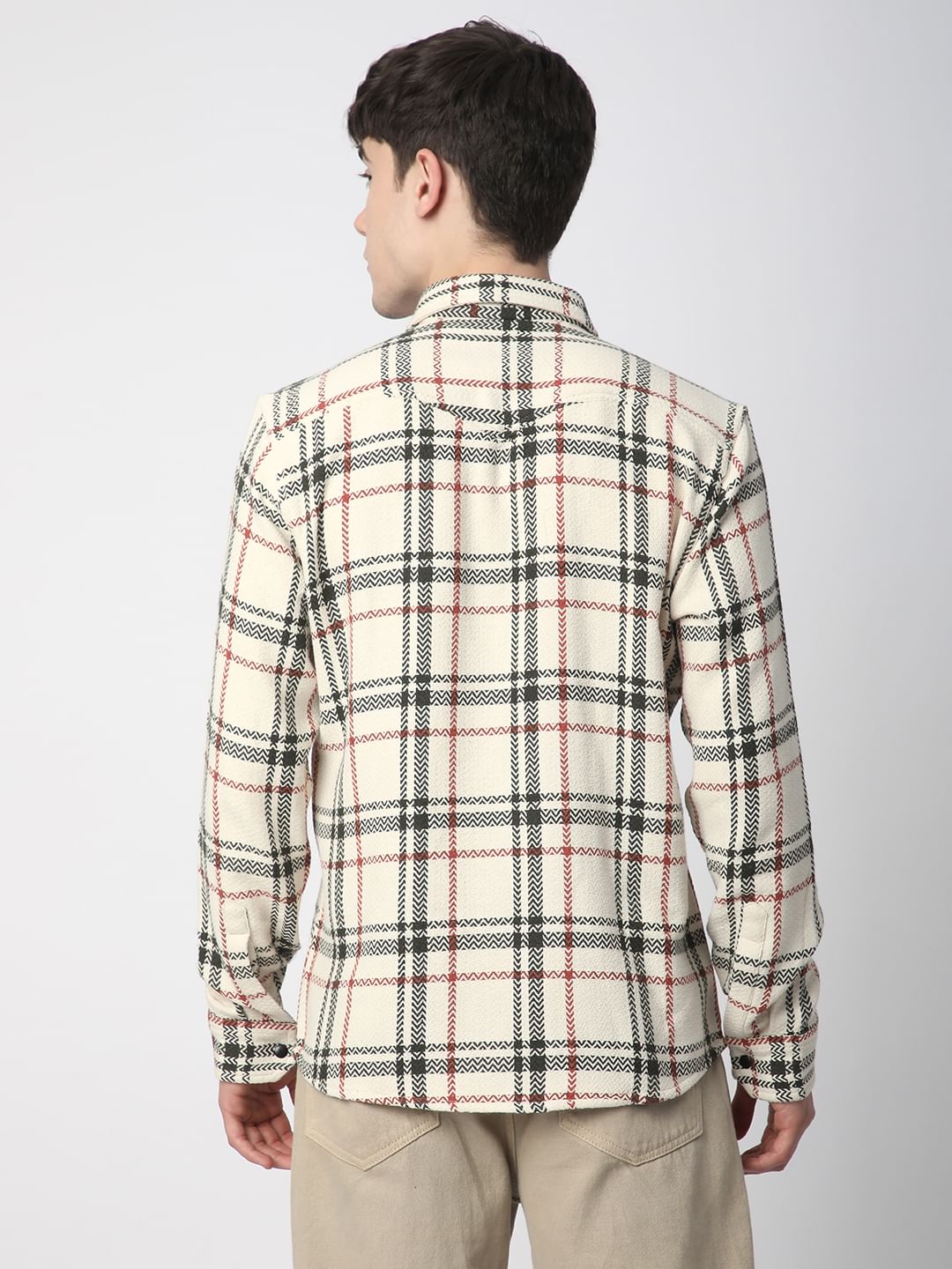 Cream Tweed Checks Double Flap Pocket Shirt