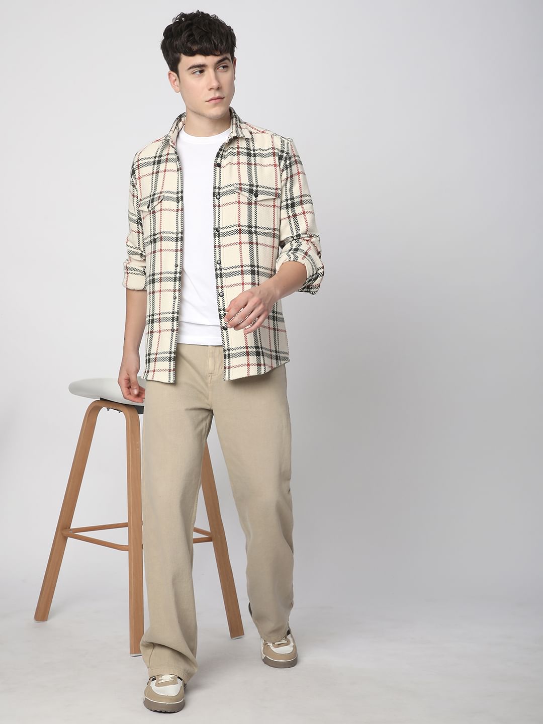 Cream Tweed Checks Double Flap Pocket Shirt