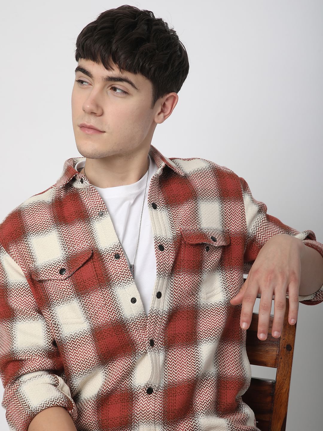 Crimson Red Tweed Checks Double Flap Pocket Shirt