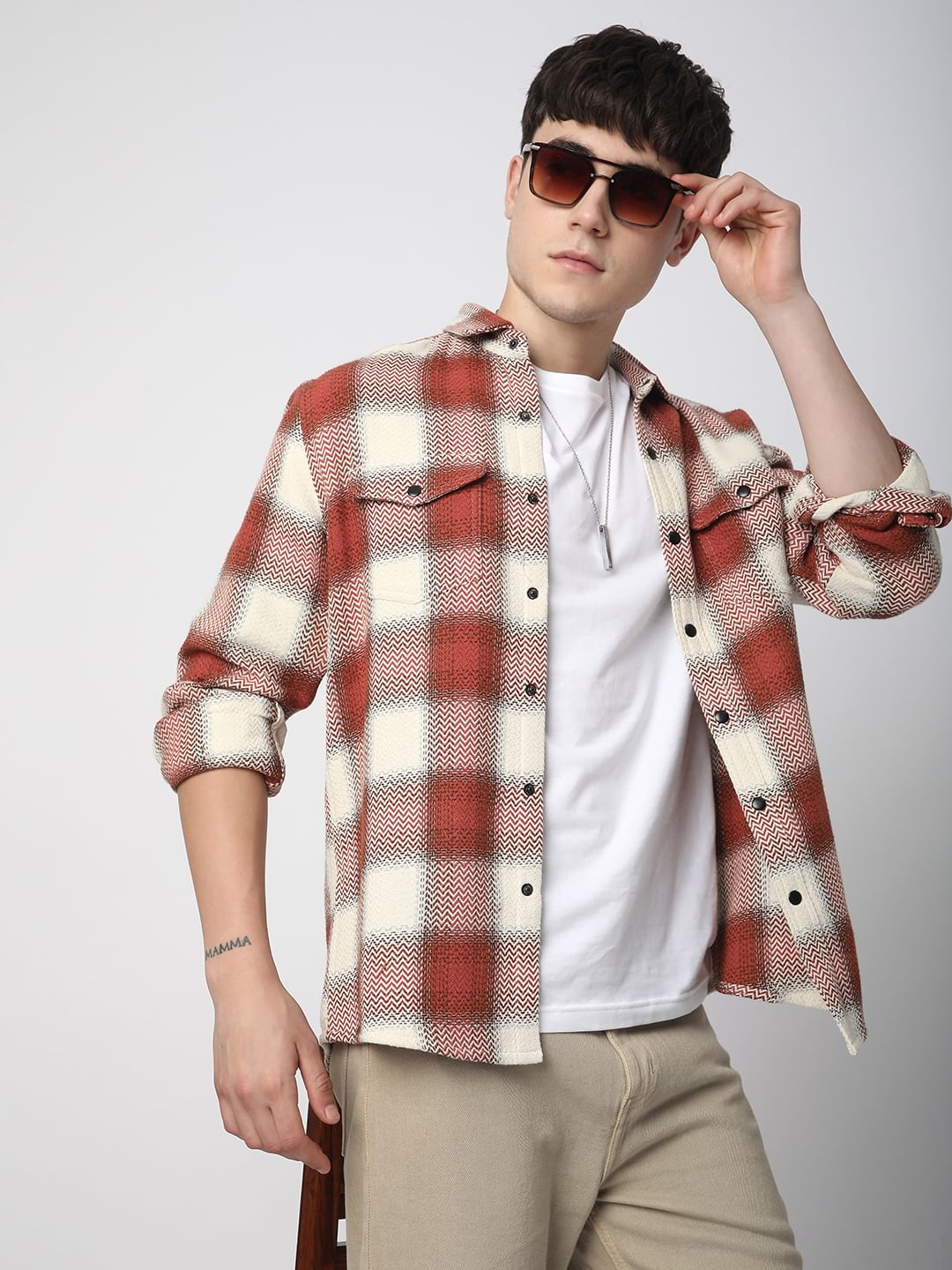 Crimson Red Tweed Checks Double Flap Pocket Shirt