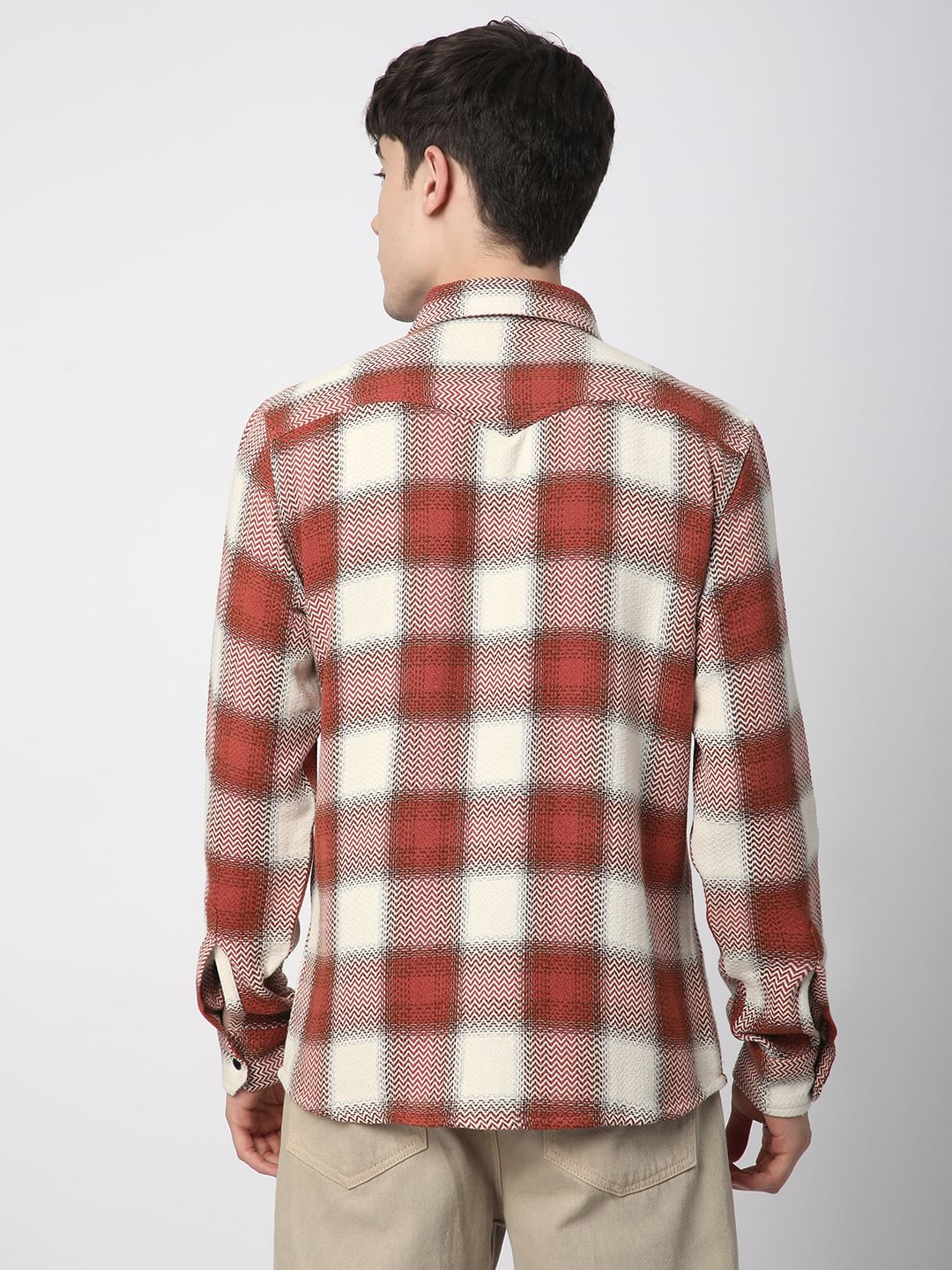 Crimson Red Tweed Checks Double Flap Pocket Shirt