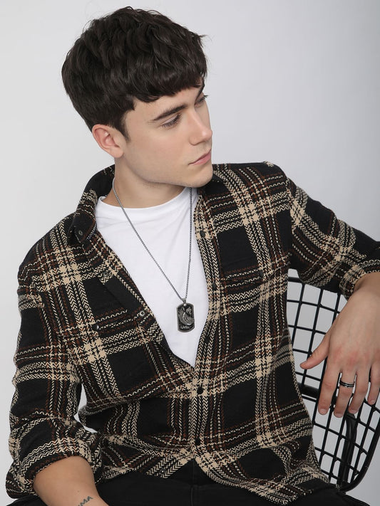 Black Tweed Checks Double Flap Pocket Shirt