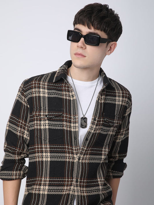 Black Tweed Checks Double Flap Pocket Shirt