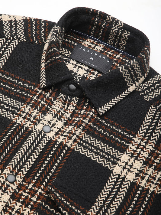 Black Tweed Checks Double Flap Pocket Shirt
