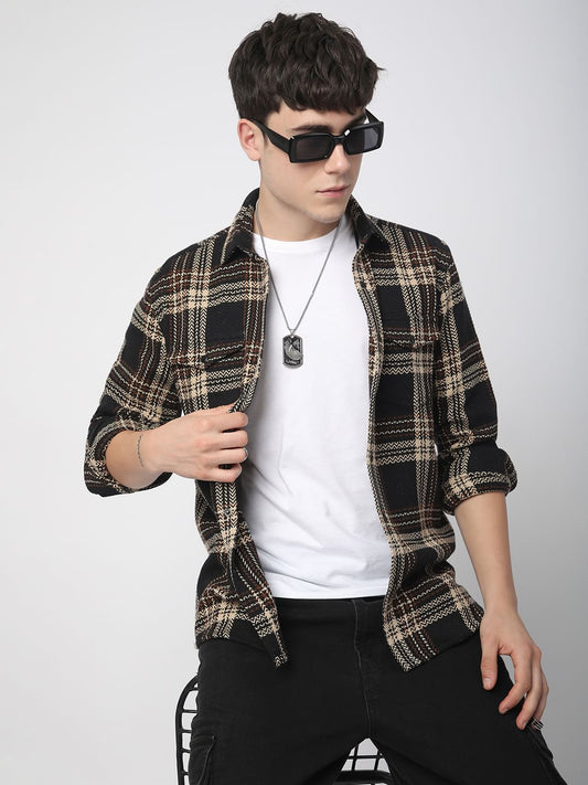 Black Tweed Checks Double Flap Pocket Shirt