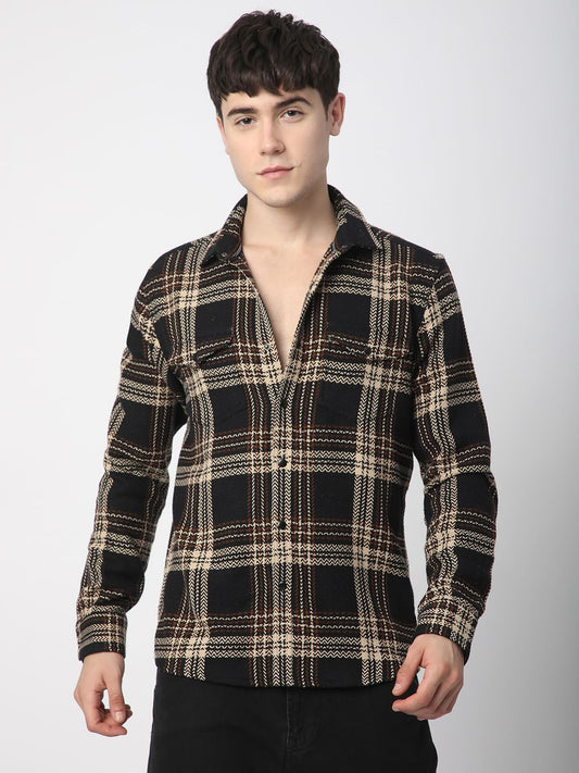 Black Tweed Checks Double Flap Pocket Shirt