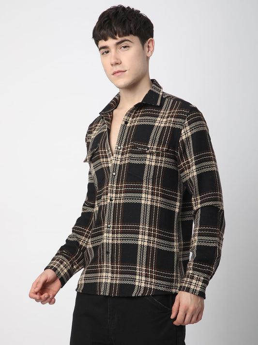 Black Tweed Checks Double Flap Pocket Shirt
