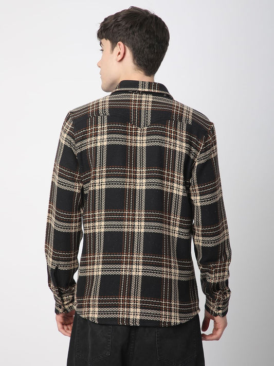 Black Tweed Checks Double Flap Pocket Shirt