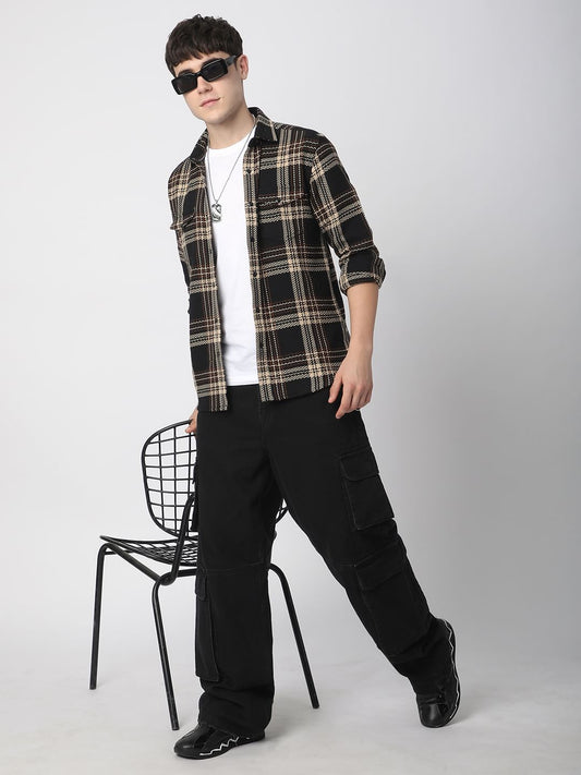 Black Tweed Checks Double Flap Pocket Shirt