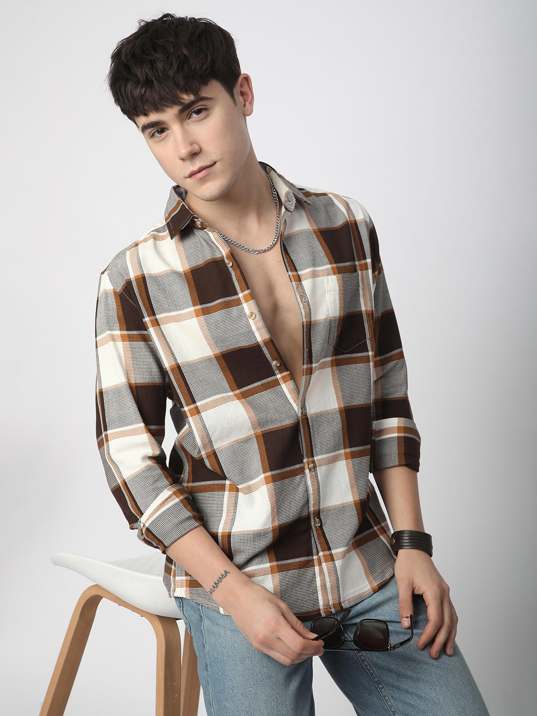 Premium Cotton Brown & White Broad Checks Shirt