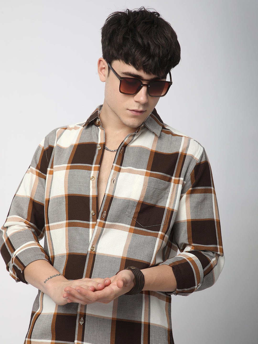 Premium Cotton Brown & White Broad Checks Shirt