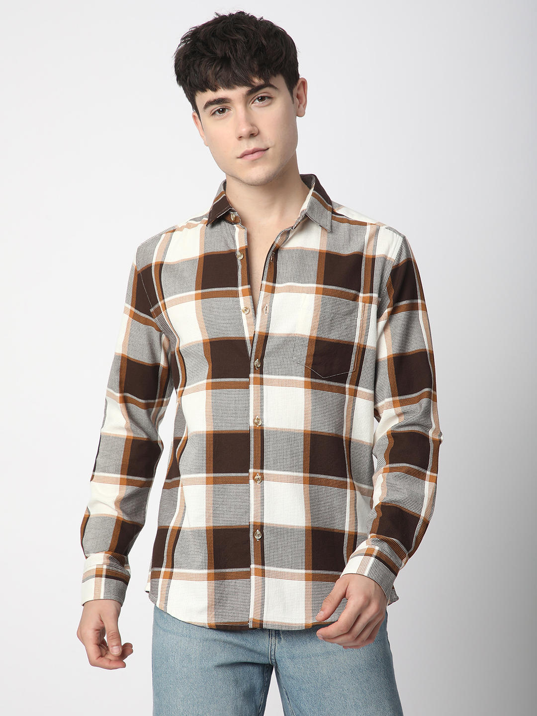 Premium Cotton Brown & White Broad Checks Shirt