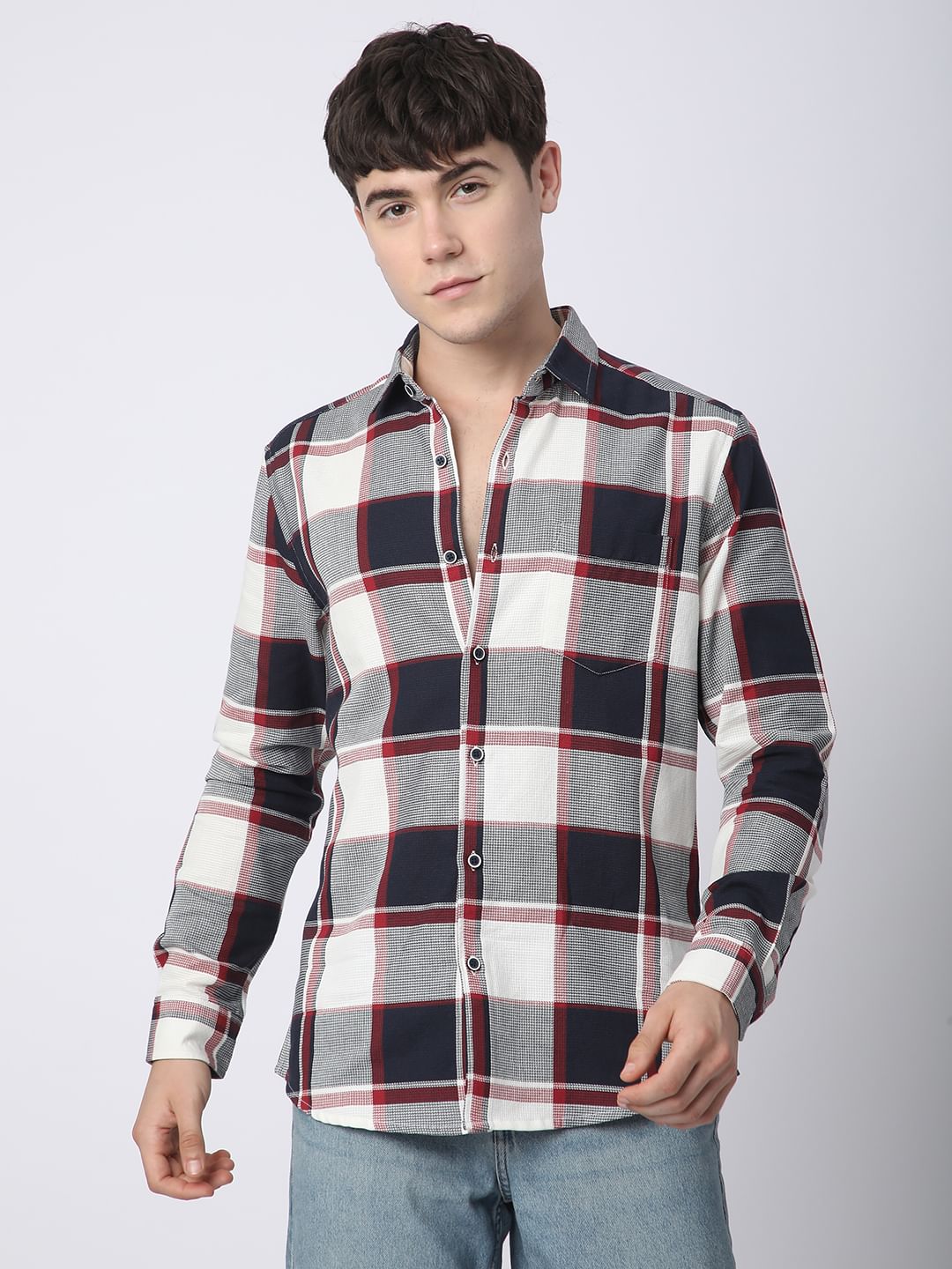 Premium Cotton Navy & White Broad Checks Shirt