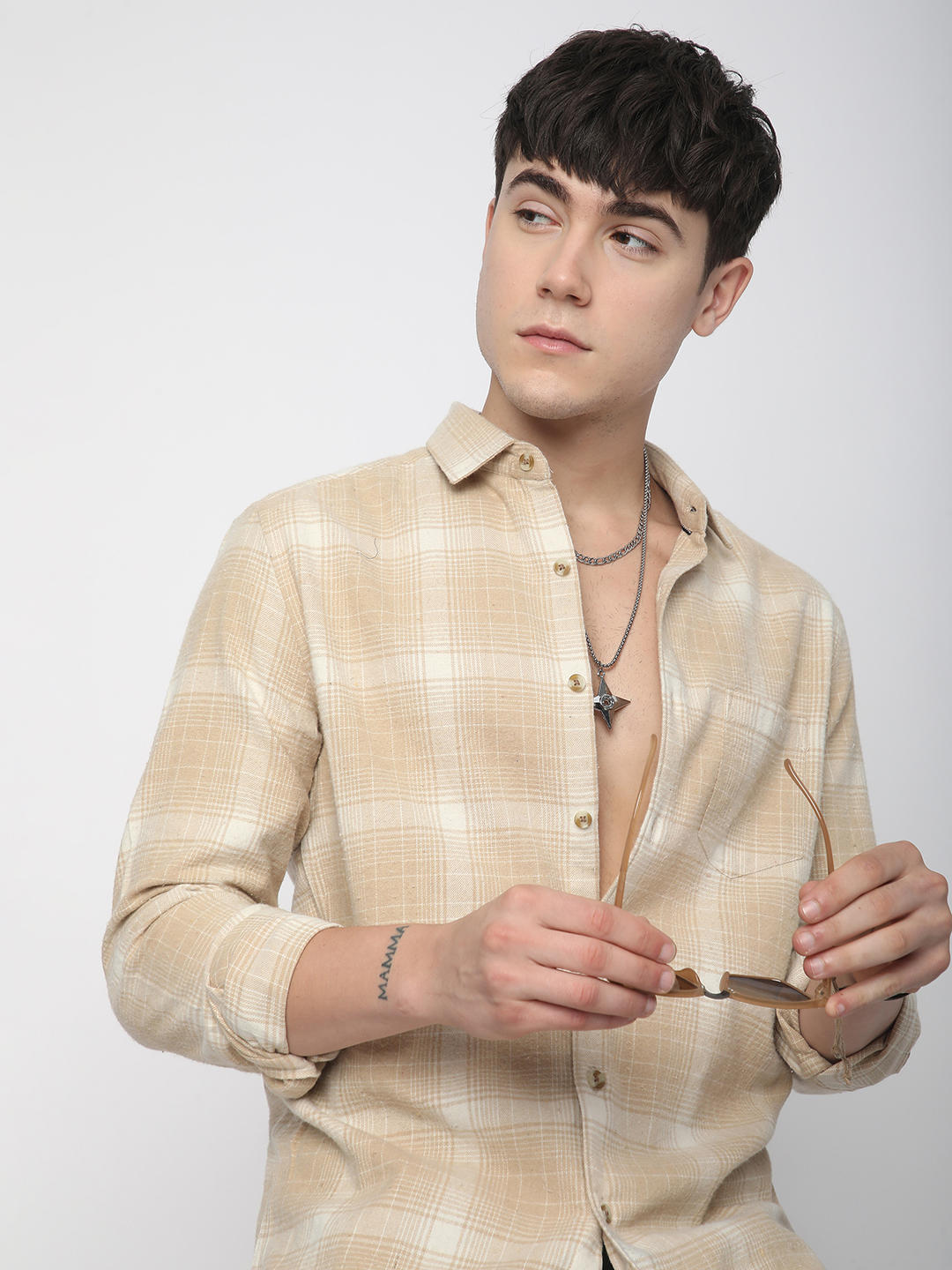 Beige Tattersall Checked Flannel Shirt