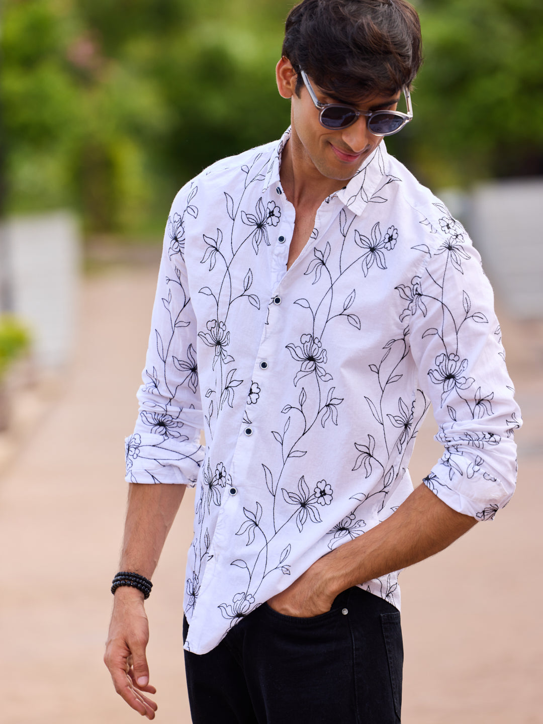 Lucullan Blooming Contrast Embroidered White Shirt