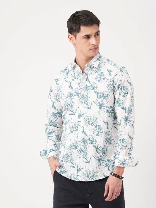 Exquisite White Hawaiian Printed Seersucker Shirt