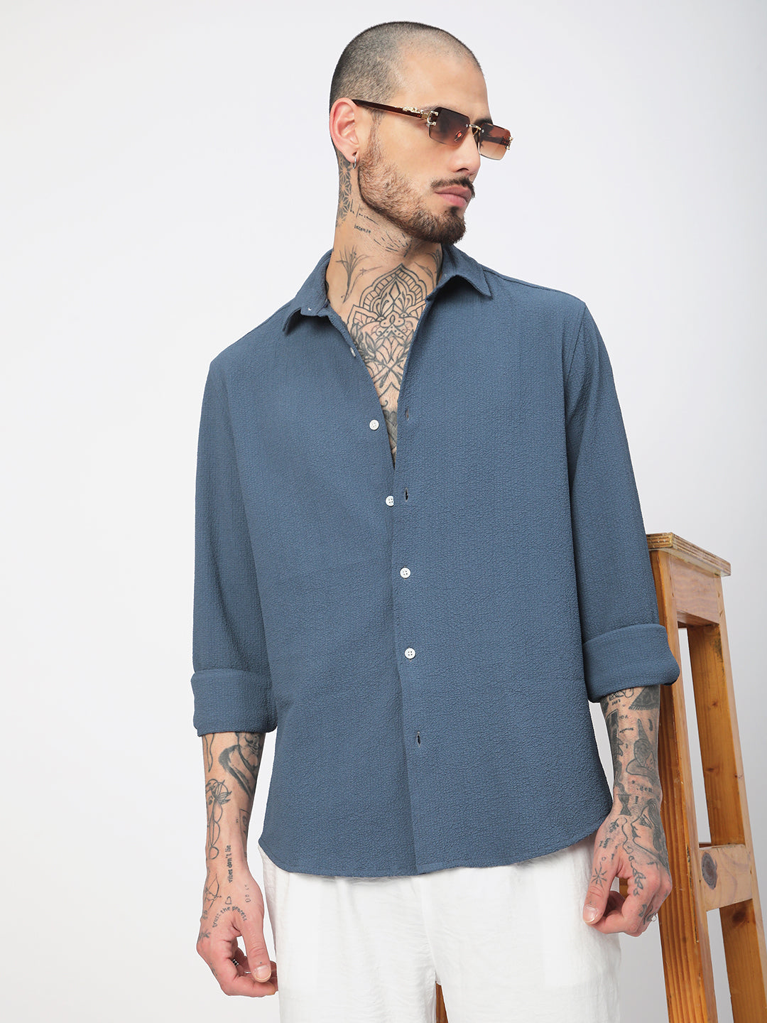 Elegant Prussian Blue Creased Shirt